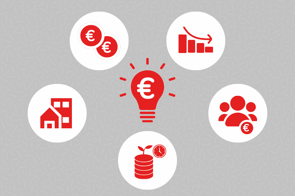 Eine Glühbirne mit einem Euro-Zeichen umgeben von Icons die die 5 Tipps für Unternehmer symbolisieren
