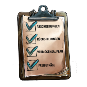 Checkliste mit Stichpunkten zu sofort umsetzbaren Steuer-Hacks wie Abschreibungen und Rückstellungen.