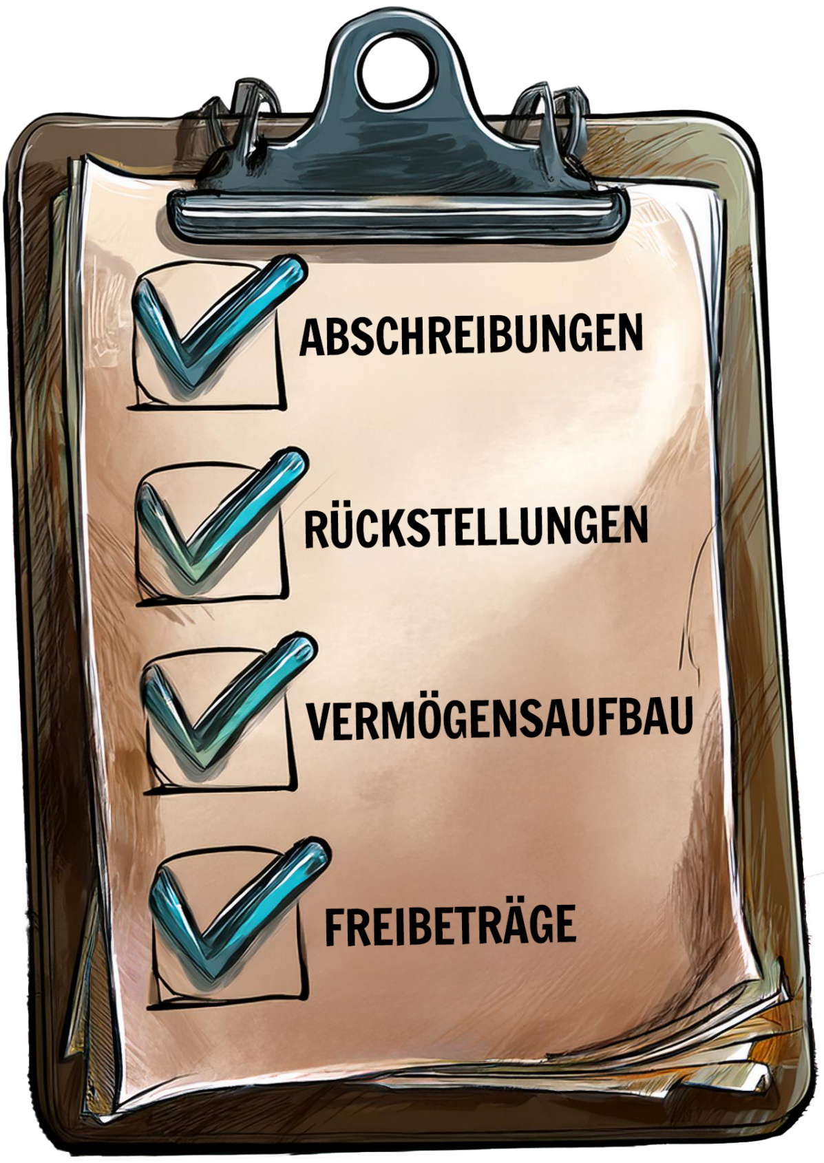 Checkliste mit Stichpunkten zu sofort umsetzbaren Steuer-Hacks wie Abschreibungen und Rückstellungen.