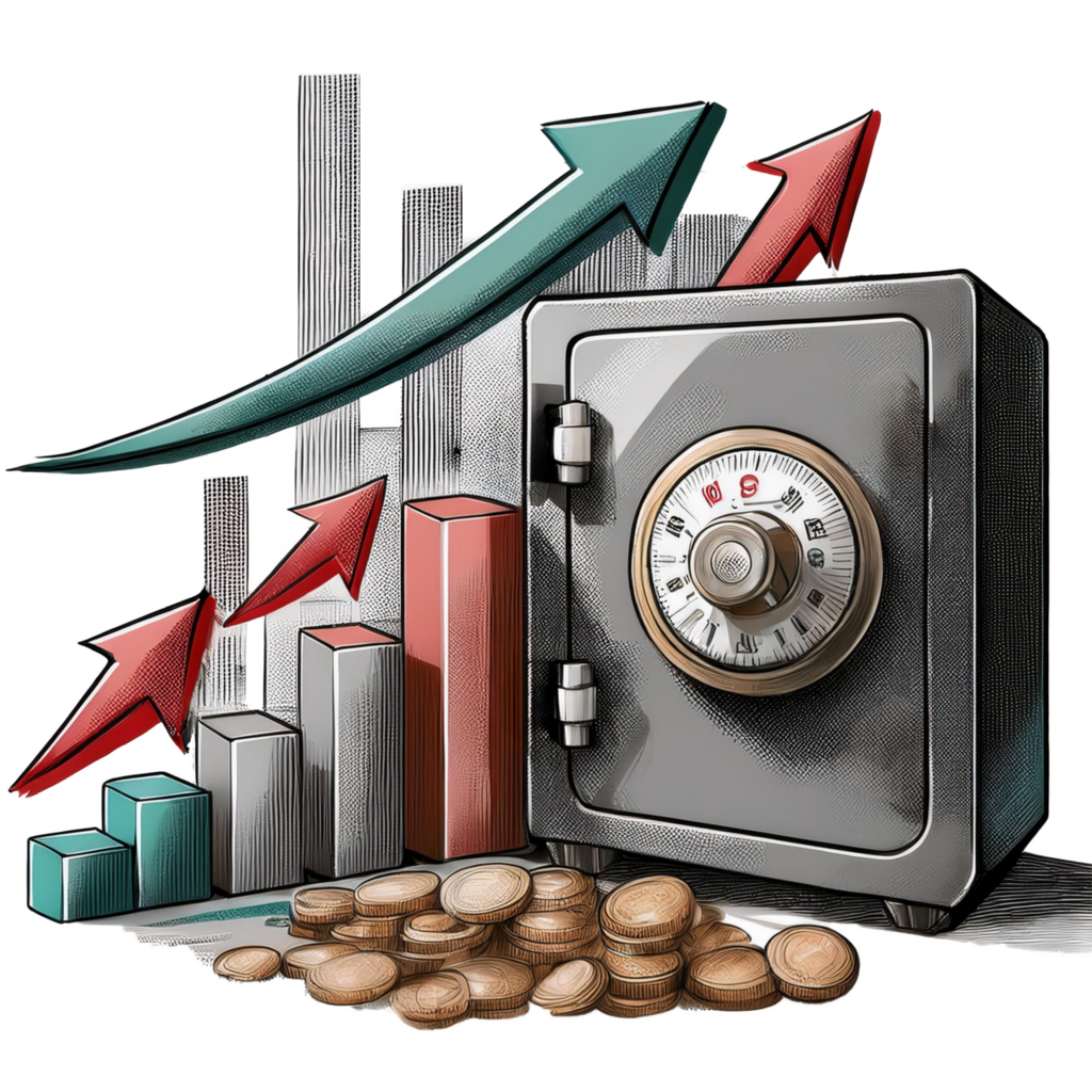 Verschlossener Tresor mit Wachstumspfeilen, die die Vermögenssicherung und langfristigen Aufbau symbolisieren.