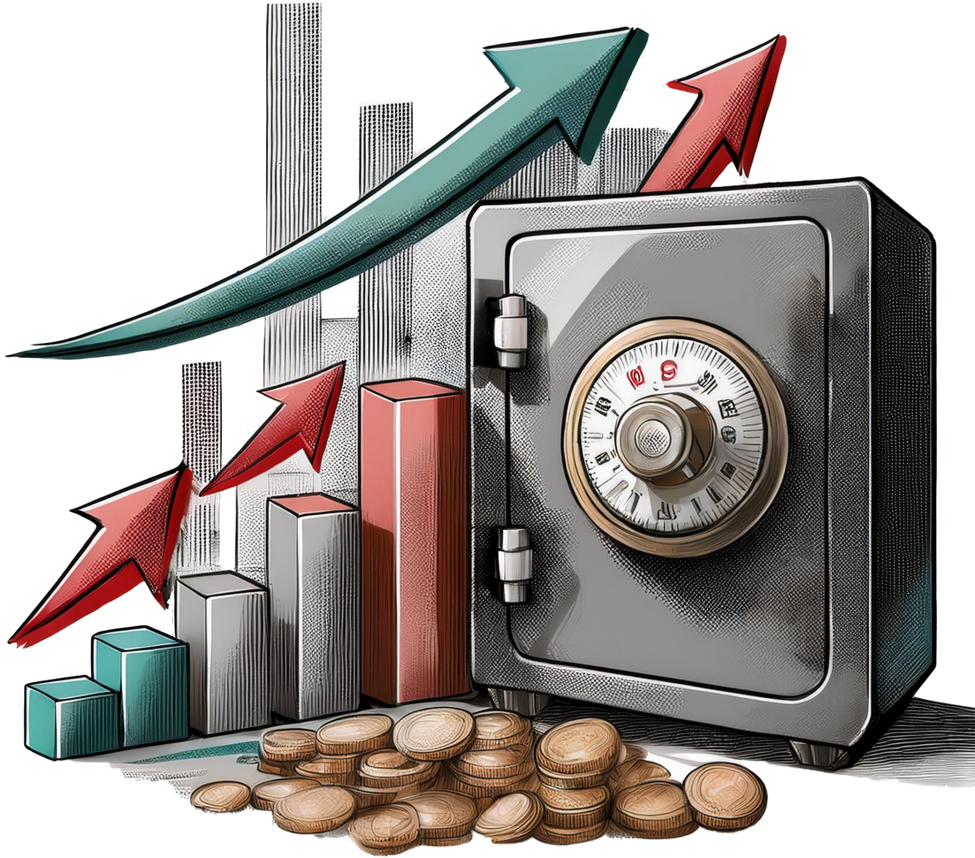 Verschlossener Tresor mit Wachstumspfeilen, die die Vermögenssicherung und langfristigen Aufbau symbolisieren.