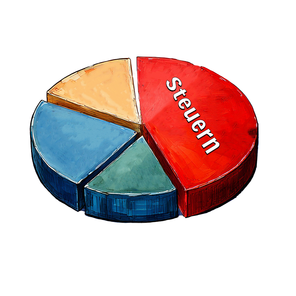 Unternehmer sitzt vor Steuerunterlagen; Diagramm zeigt Steueranteil an den Gesamtausgaben eines Unternehmens.