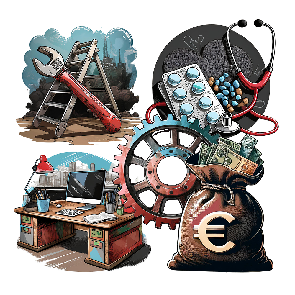 Illustration einer Collage mit verschiedenen Branchen und wirtschaftlichen Aspekten: Ein Schreibtisch mit Computer symbolisiert Büroarbeit, ein Zahnrad und ein Geldsack mit Euro-Symbol stehen für Industrie und Finanzen, eine Leiter mit Schraubenschlüssel repräsentiert Handwerk, und medizinische Symbole wie ein Stethoskop und Tabletten verweisen auf das Gesundheitswesen. Die Szene verdeutlicht die Vielfalt steuerlicher Optimierungsmöglichkeiten für unterschiedliche Branchen.