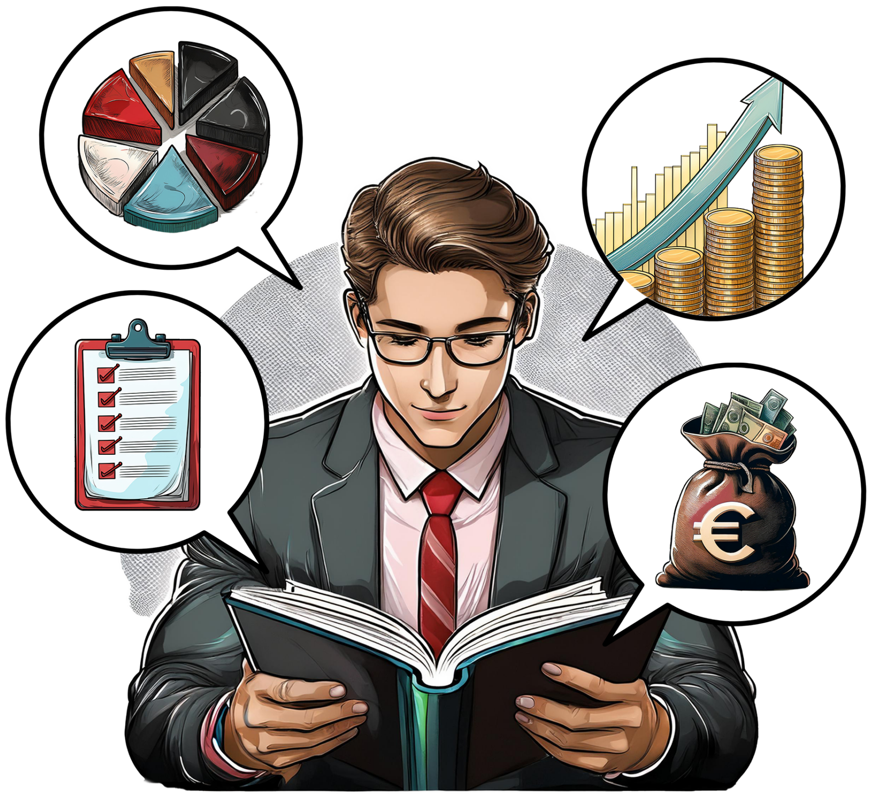 Illustration eines Geschäftsmannes in Anzug und Brille, der konzentriert in ein Buch schaut. Um ihn herum sind vier Sprechblasen mit Symbolen: ein Kreisdiagramm für Kostenverteilung, ein aufsteigender Graph mit Münzen für finanzielles Wachstum, eine Checkliste für Planung und Strategie sowie ein Geldsack mit Euro-Symbol für Vermögensaufbau. Die Szene vermittelt das Konzept einer strukturierten und erfolgreichen Steuergestaltung.
