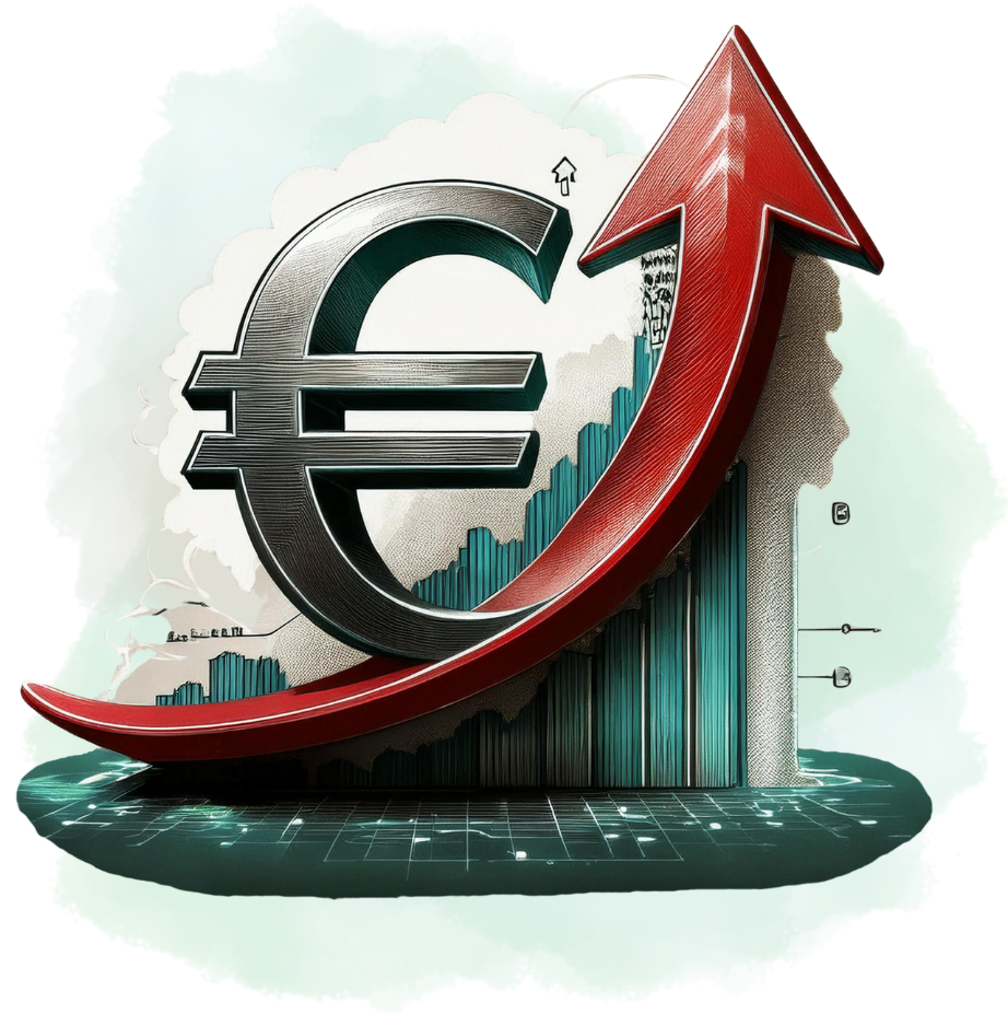 Illustration eines großen Euro-Symbols, das von einem dynamischen roten Pfeil nach oben durchzogen wird. Im Hintergrund sind stilisierte Diagramme und Balkendiagramme zu sehen, die wirtschaftliches Wachstum und steigende Umsätze symbolisieren. Die Szene vermittelt den Fokus auf finanzielle Optimierung, Umsatzsteigerung und wirtschaftlichen Erfolg.