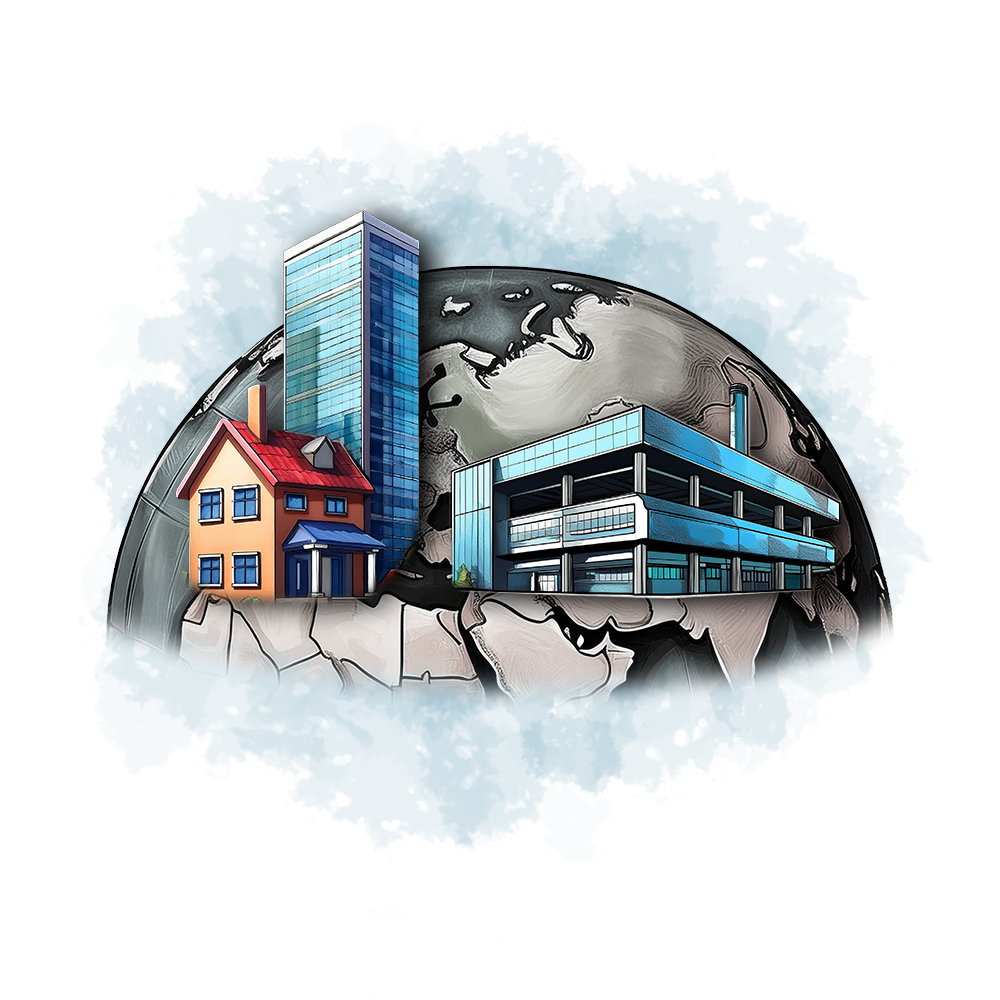 Welthalbkugel mit Immobilien und Bürogebäude auf blassem Aquarellhintergrund