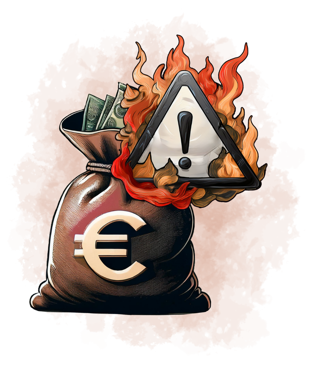 Illustration eines Geldsacks mit Euro-Symbol, aus dem Geldscheine ragen, daneben ein brennendes Warnschild mit Ausrufezeichen – symbolisiert akute Gefahren oder Risiken für das Vermögen.