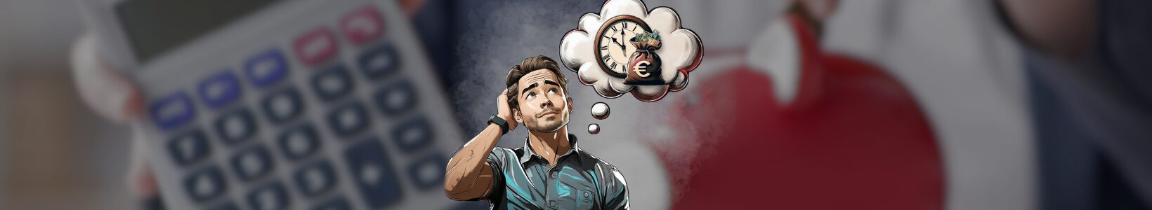 Illustration eines nachdenklichen Mannes mit Blick auf eine Gedankenblase, in der eine Uhr und ein Geldsack mit Banknoten zu sehen sind – symbolisiert die Notwendigkeit, als Unternehmer frühzeitig Entscheidungen zur Altersvorsorge und finanziellen Zukunft zu treffen.