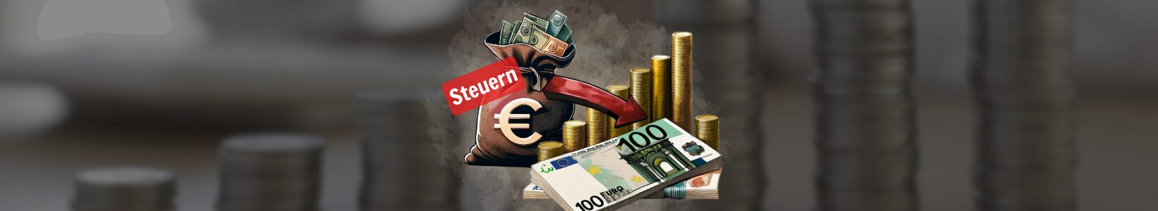 Illustration eines Geldsacks mit Euro-Symbol und rotem „Steuern“-Schild, aus dem Geldscheine herausgucken. Ein roter Pfeil führt zu aufgestapelten Goldmünzen und Geldscheinen – symbolisiert steueroptimierten Vermögensaufbau durch geschickte Umleitung von Steuerzahlungen in Kapitalanlagen.