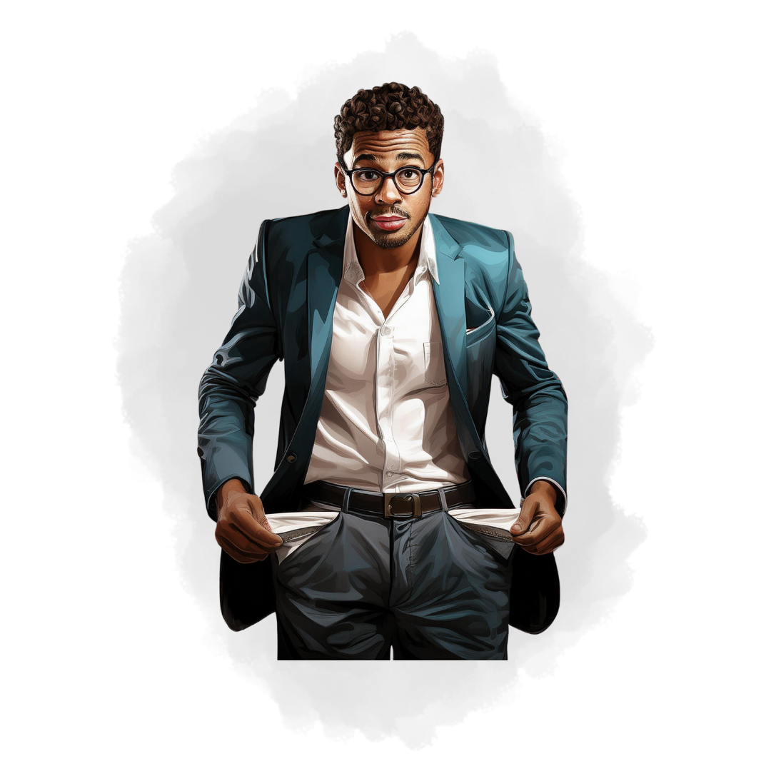 Illustration eines Mannes im Business-Outfit, der seine leeren Hosentaschen nach außen stülpt und ratlos wirkt – symbolisiert finanzielle Engpässe, Liquiditätsprobleme oder Rentenlücken bei Unternehmern durch fehlende steuerliche Planung und unzureichende Vorsorge.