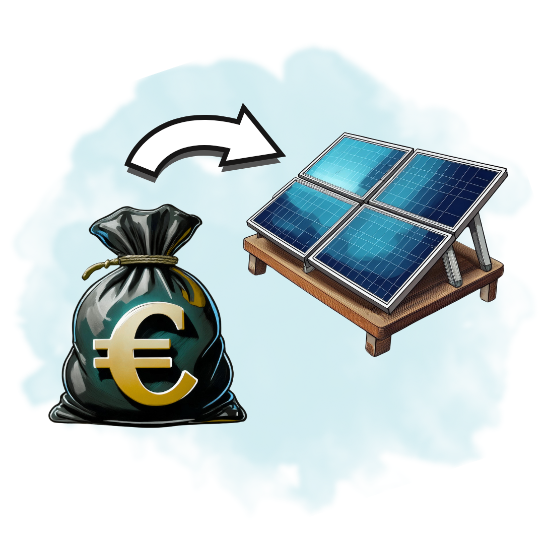 Illustration eines Geldsacks mit Euro-Symbol und einem weißen Pfeil, der auf eine Solaranlage zeigt – symbolisiert die gezielte Investition von Kapital in nachhaltige Anlagen wie Photovoltaik, z. B. zur Steueroptimierung und langfristigen Vermögensbildung.