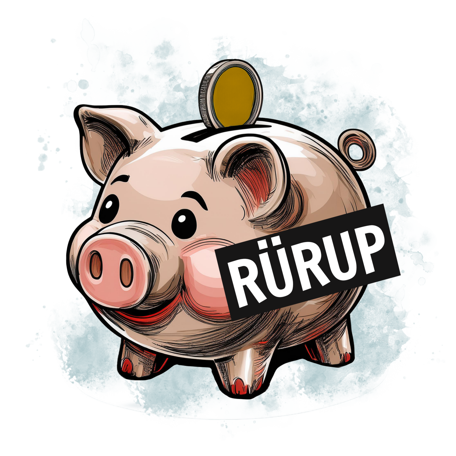 Illustration eines Sparschweins mit einer eingeworfenen Münze, versehen mit einem schwarzen Schild „RÜRUP“ – symbolisiert die steuerlich geförderte Altersvorsorge über die Rürup-Rente, insbesondere für Selbstständige und Unternehmer.