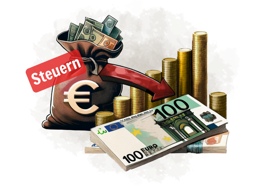Illustration eines Geldsacks mit Euro-Symbol und rotem „Steuern“-Schild, daneben aufgestapelte Münzen und Geldscheine. Ein roter Pfeil führt vom Steuer-Sack zum Vermögen – symbolisiert, wie durch clevere Steuergestaltung gezielt Vermögen aufgebaut werden kann.