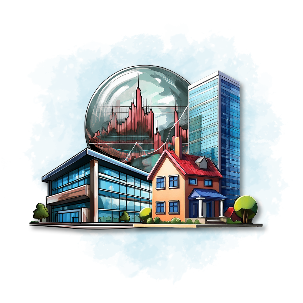 Illustration eines Wohnhauses, eines modernen Bürogebäudes und eines Hochhauses, im Hintergrund eine Glaskugel mit Börsenchart – symbolisiert die Kombination aus Immobilien, Unternehmensbeteiligungen und Kapitalmarktinvestments zur strategischen Vermögensbildung.