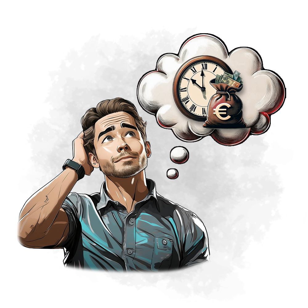 Illustration eines nachdenklichen Mannes, der sich am Kopf kratzt, neben ihm eine Gedankenblase mit einer Uhr und einem Geldsack mit Euro-Symbol – symbolisiert Überlegungen zur finanziellen Zukunft, Altersvorsorge oder dem richtigen Zeitpunkt für steuerliche Gestaltung.
