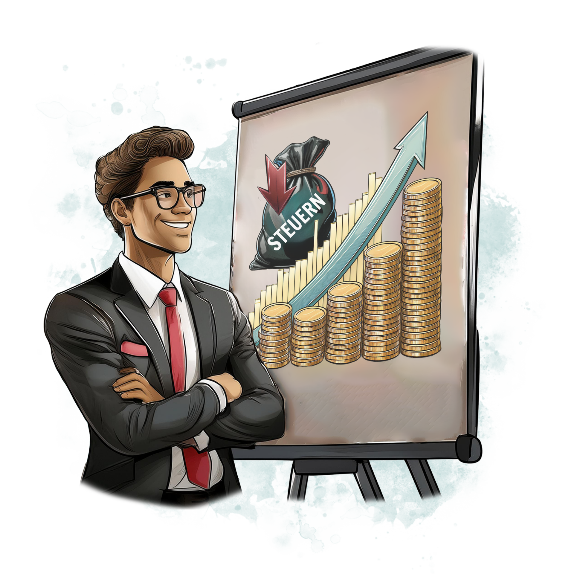 Illustration eines lächelnden Unternehmers im Anzug vor einem Flipchart mit wachsenden Münzsäulen und Aufwärtspfeil. Daneben ein Geldsack mit dem Wort „STEUERN“ und rotem Abwärtspfeil – symbolisiert, wie sich durch clevere Steuerstrategien die Steuerlast senken und das Vermögen steigern lässt.