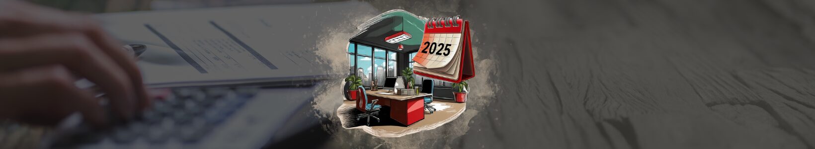 Illustration eines modernen Büros mit zwei Arbeitsplätzen, stilvollen Schreibtischen und großen Fensterfronten mit Blick auf eine Skyline. Zwischen Pflanzen und Bürostühlen wirkt der Raum professionell und geordnet. Daneben schwebt ein aufgeschlagener, auffälliger Tischkalender mit der Jahreszahl „2025“ – symbolisiert die bevorstehende Steuerreform oder anstehende steuerliche Änderungen im neuen Jahr.
